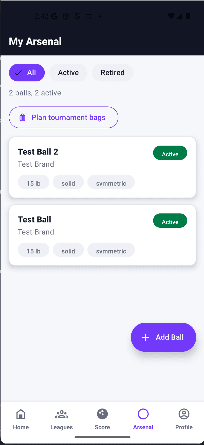 The Arsenal screen listing bowling balls with weight, coverstock and core, and a button to plan tournament bags.