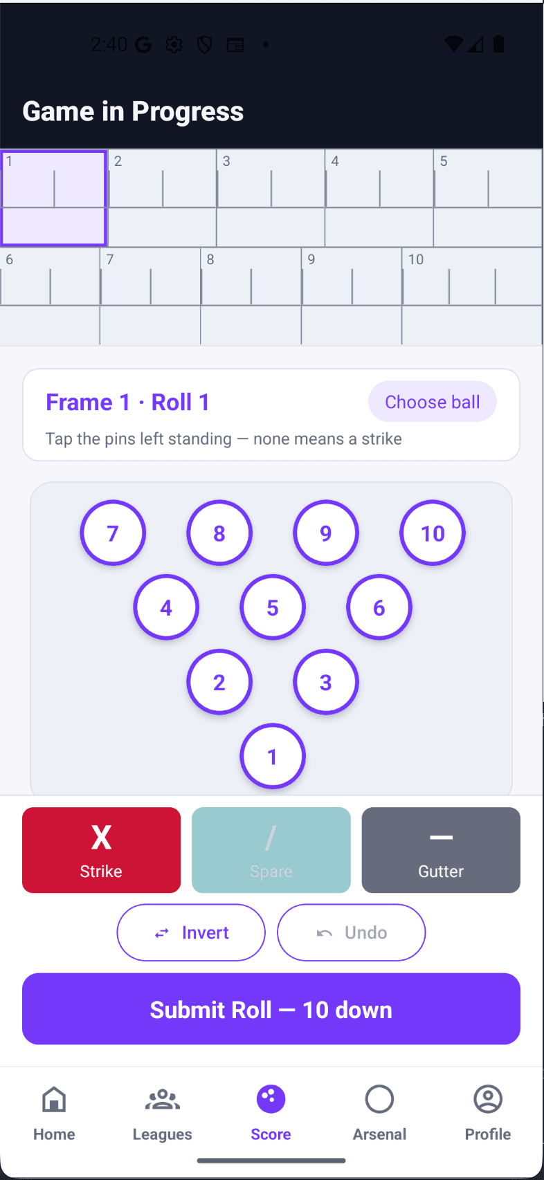 Scoring a game in Bowler's Palace: a ten-frame scorecard above a pin deck, with Strike, Spare and Gutter buttons, Invert and Undo, and a Submit Roll button fixed to the bottom of the screen.