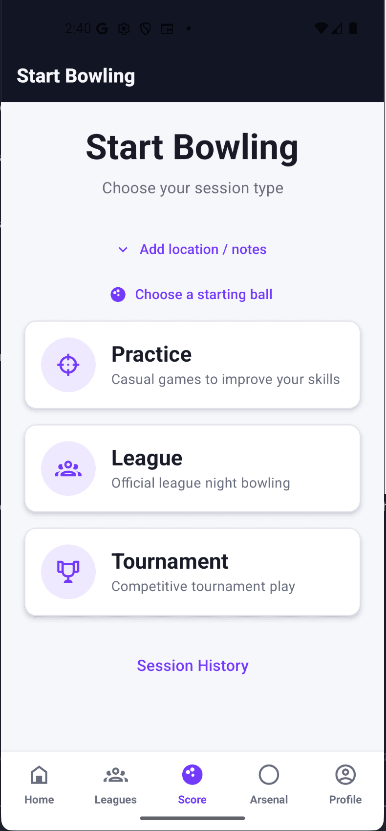 The start-bowling screen offering Practice, League and Tournament session types.