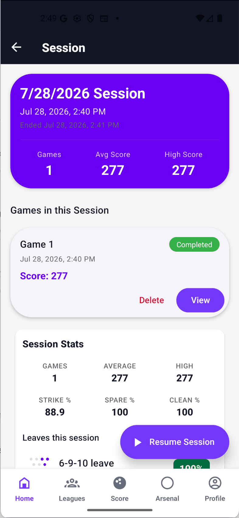 A bowling session showing a completed 277 game, and a session summary with 88.9 percent strikes, 100 percent spares and 100 percent clean frames, above the leaves faced that session.